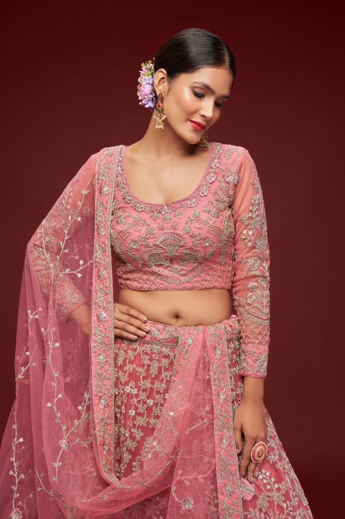Soft Net Chikankari Lehenga In Pink