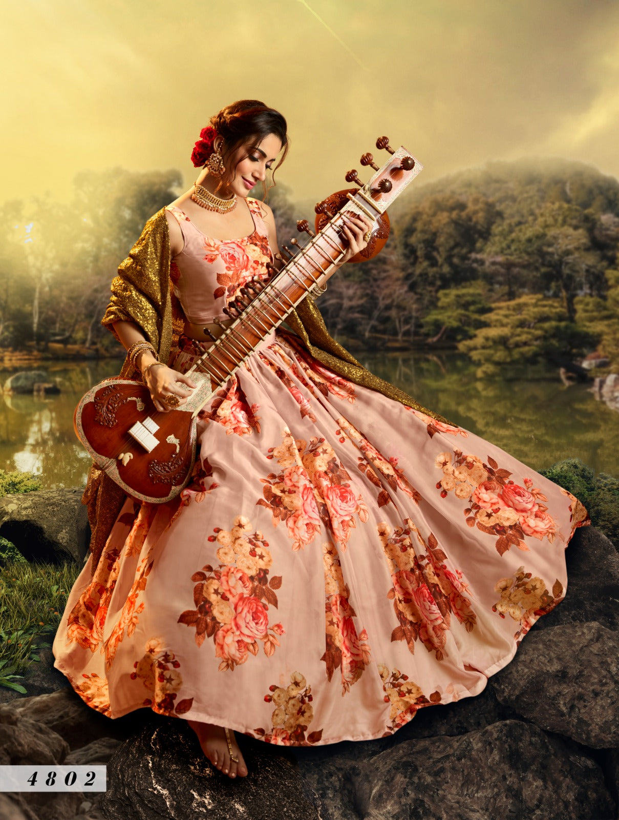 Floral Organza Lehenga In Pink (Semi Stitched)