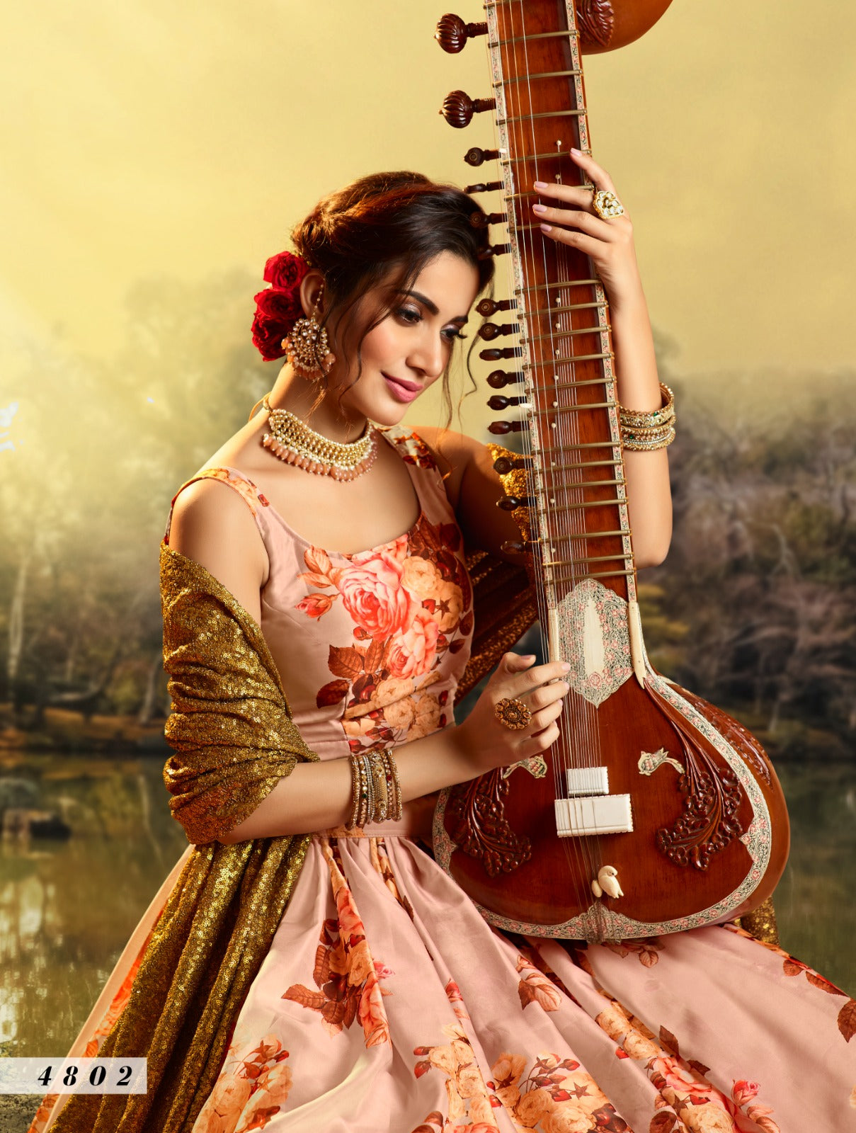 Floral Organza Lehenga In Pink (Semi Stitched)