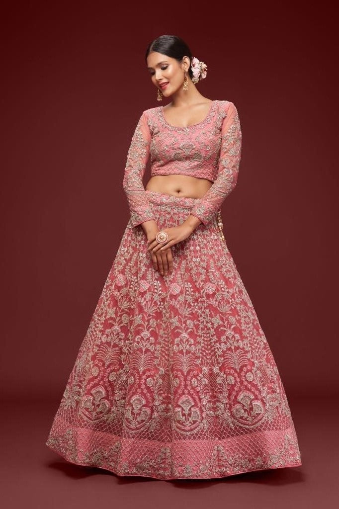 Soft Net Chikankari Lehenga In Pink