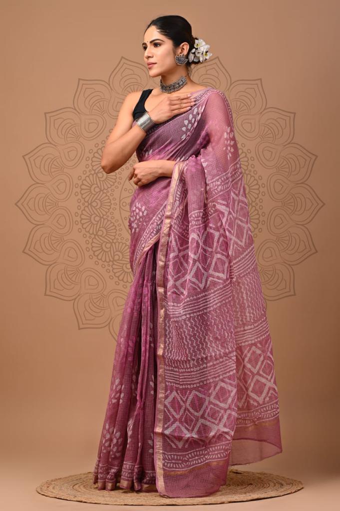 Pink Block Print Kota Doria Saree