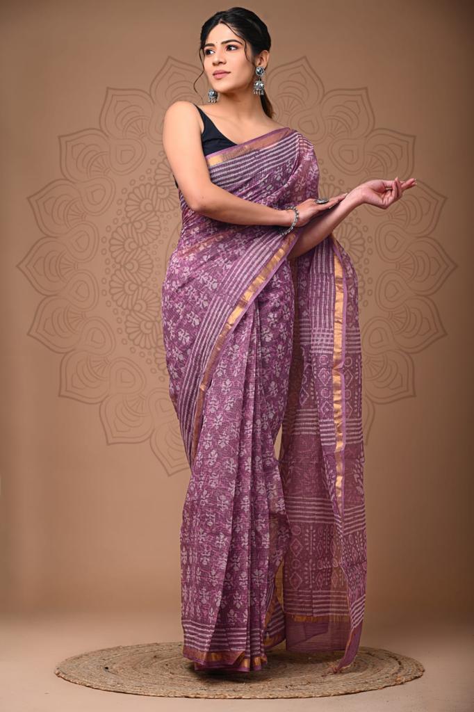 Pink Block Print Kota Doria Saree