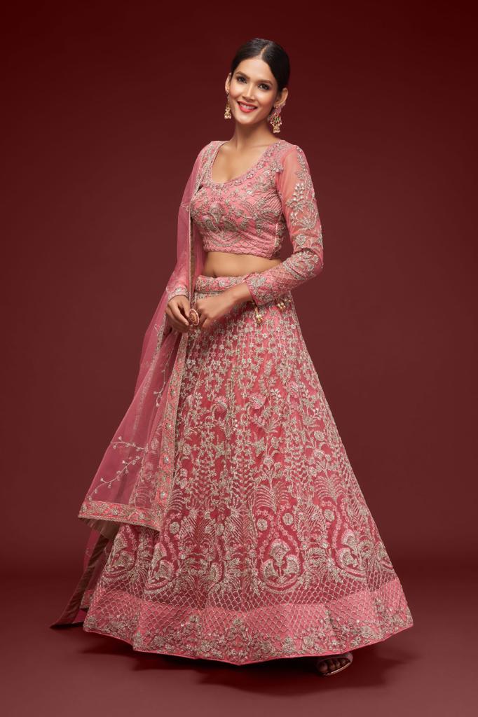 Soft Net Chikankari Lehenga In Pink