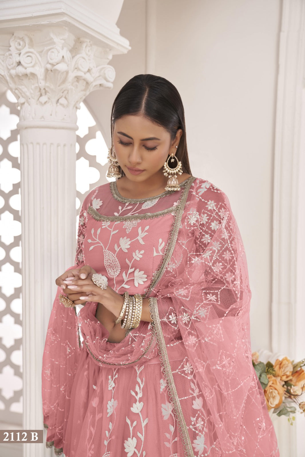 Pink Net Thread Work Lehenga (Semi - Stitched)