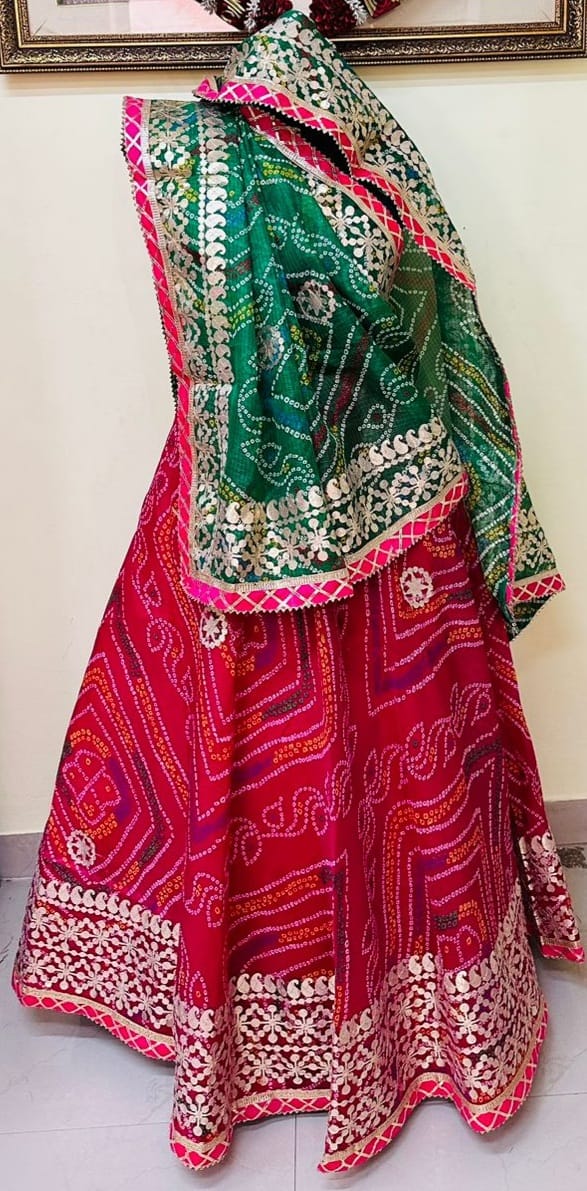 Red and Green Gota Patti Bandhani Lehenga