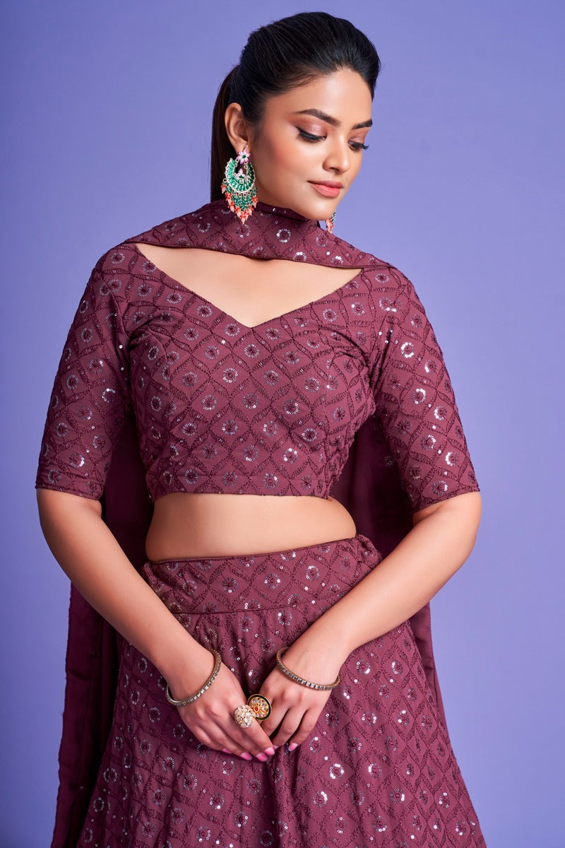 Purple Sequins Embroidery Lehenga (Semi Stitched)