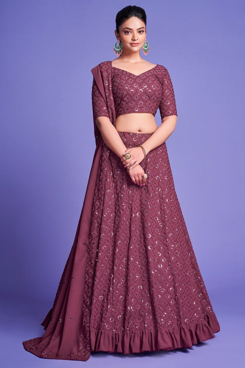 Purple Sequins Embroidery Lehenga (Semi Stitched)