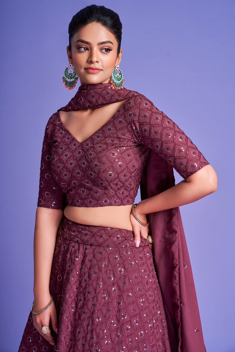 Purple Sequins Embroidery Lehenga (Semi Stitched)