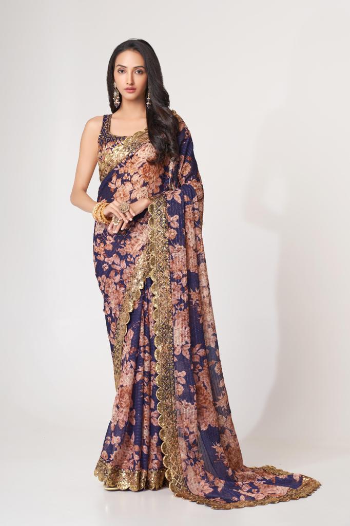 Purple Organza Sequins Work Saree