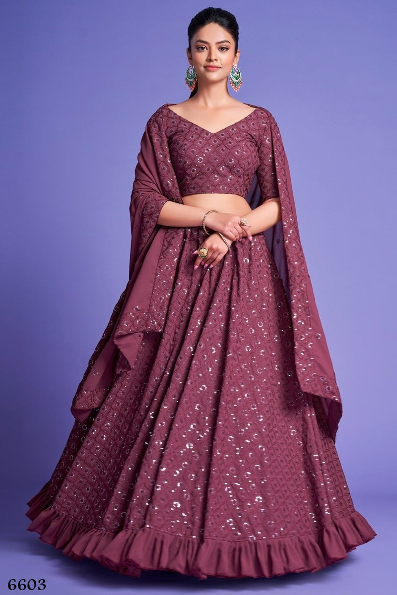 Purple Sequins Embroidery Lehenga (Semi Stitched)