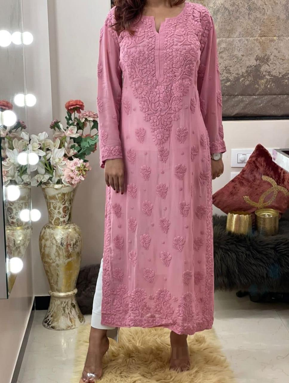 3D Work Chikankari Kurti in Raspberry