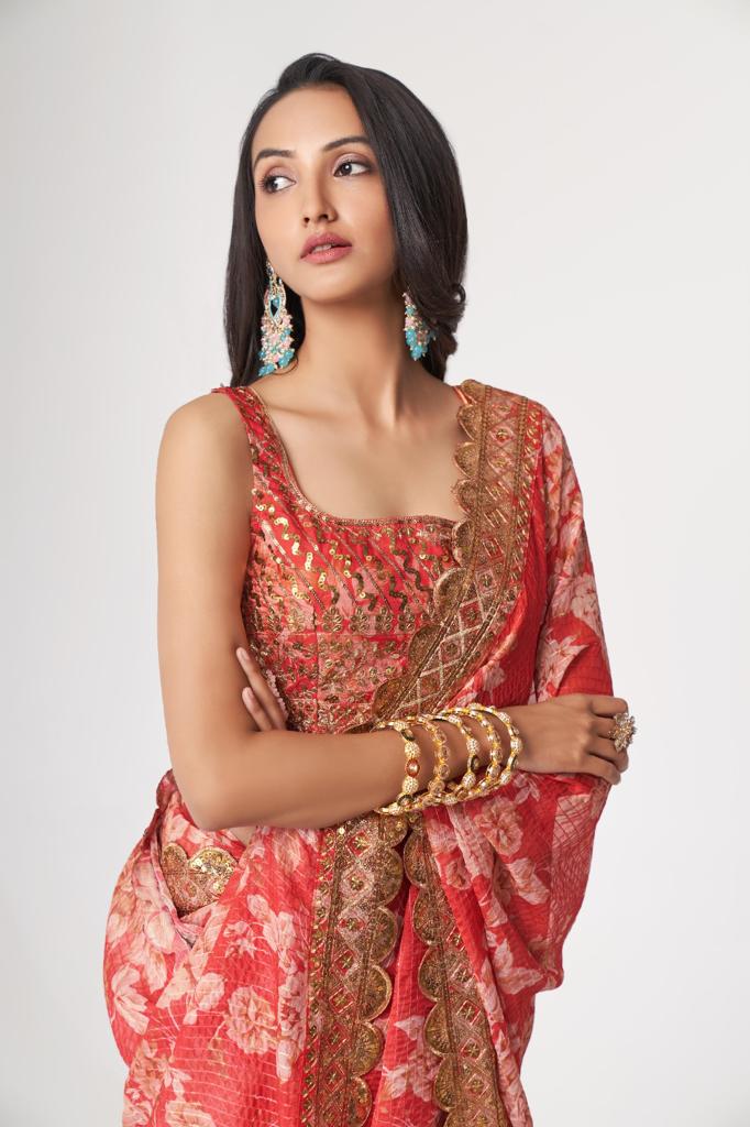 Red Organza Sequins Work Saree