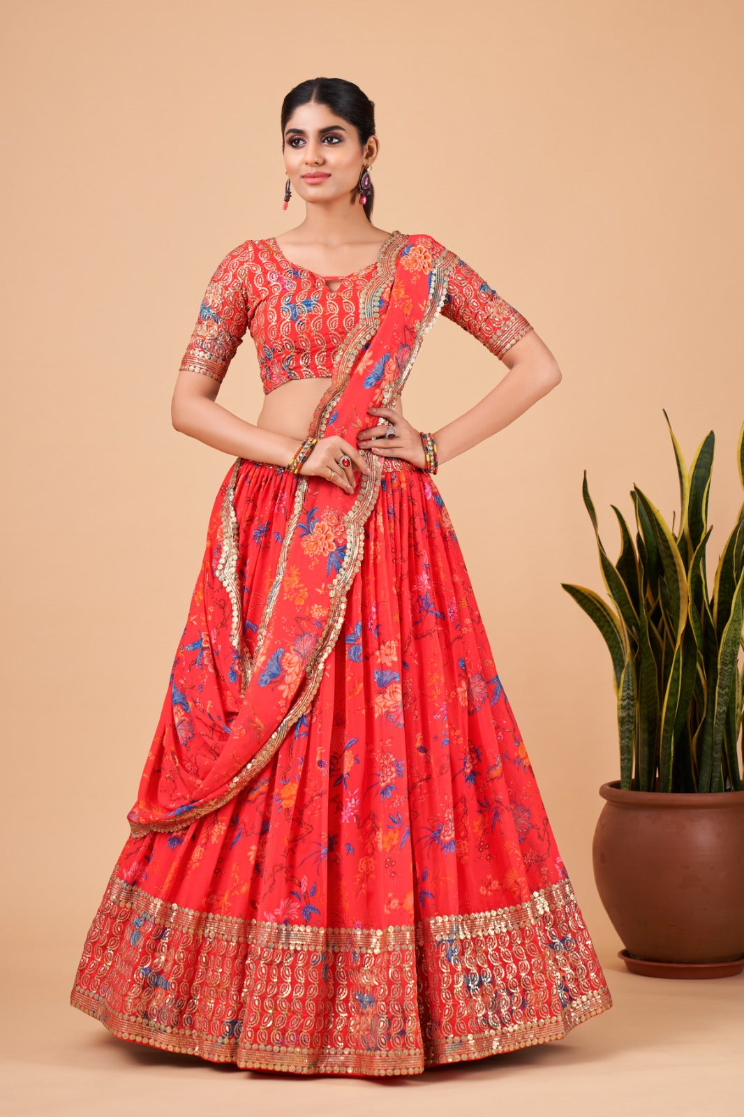 Red Floral Organza Lehenga (Semi-Stitched)