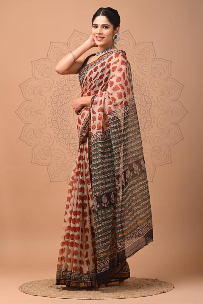 Red And Black Block Print Kota Doria Saree