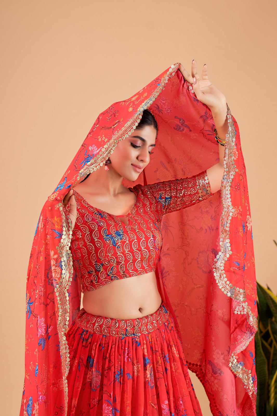 Red Floral Organza Lehenga (Semi-Stitched)