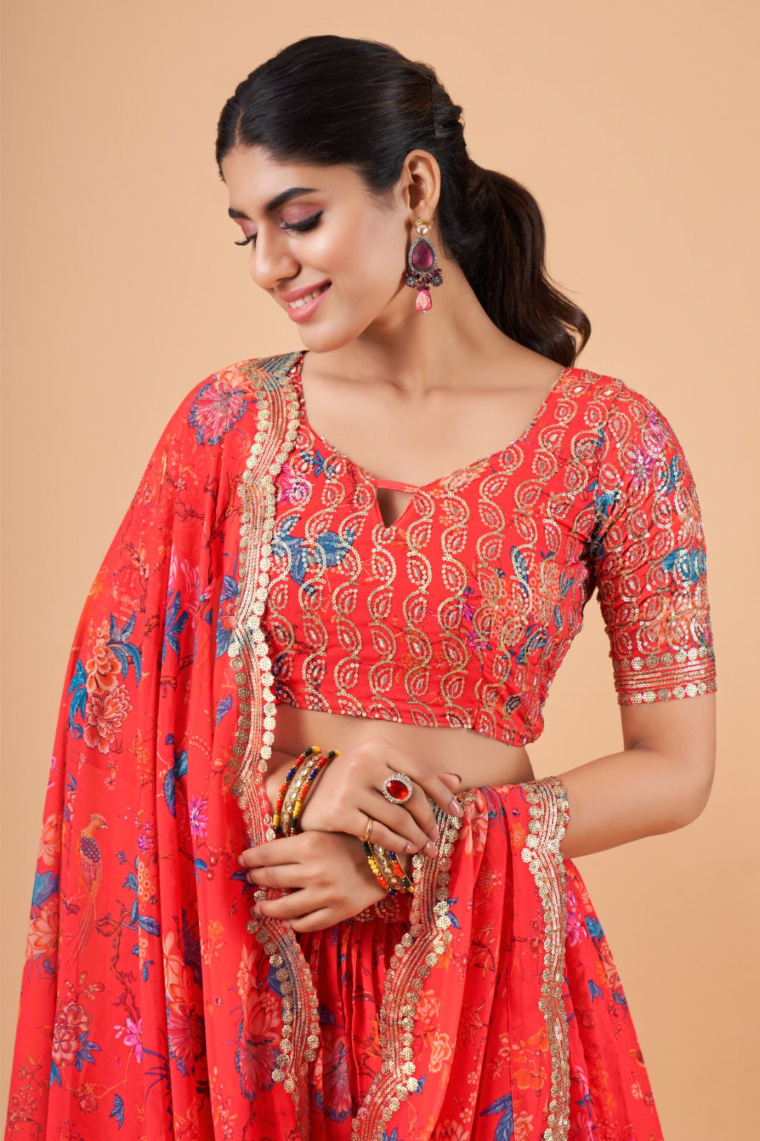 Red Floral Organza Lehenga (Semi-Stitched)