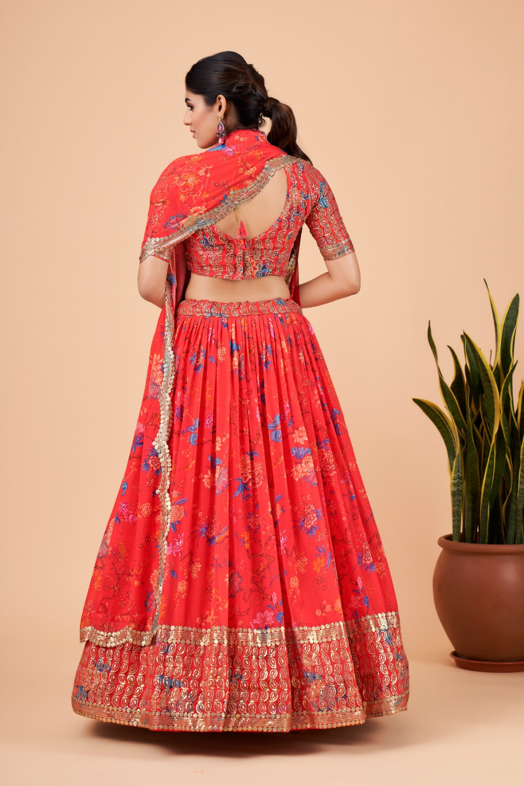 Red Floral Organza Lehenga (Semi-Stitched)