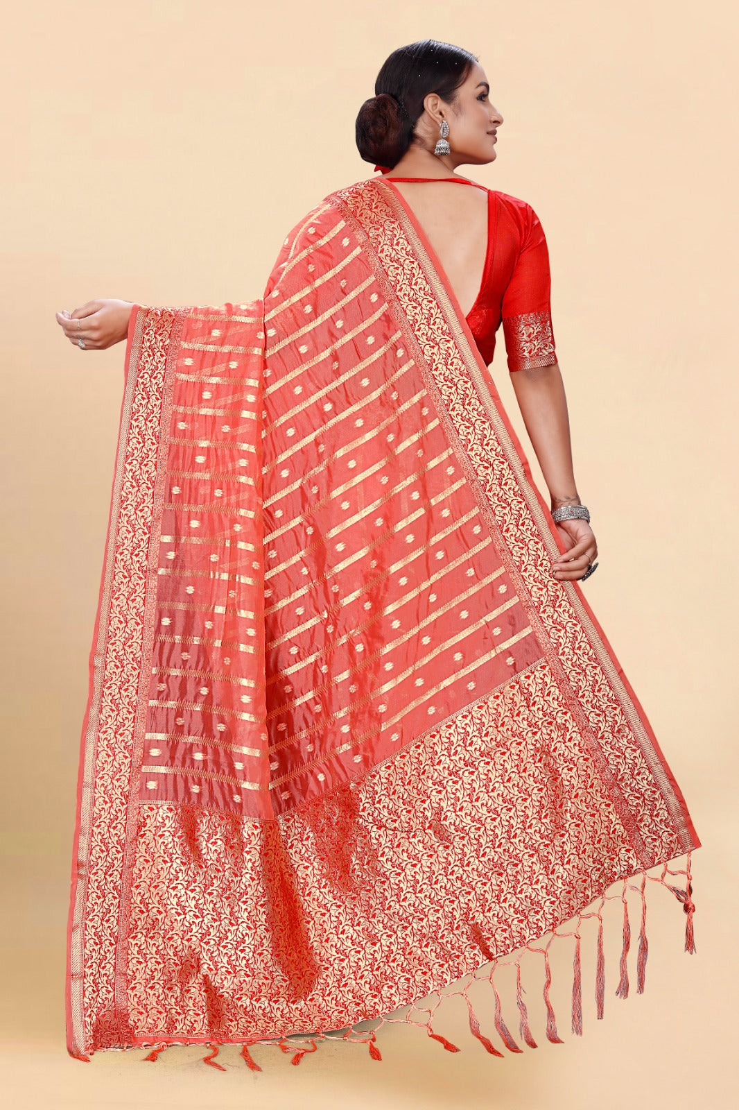 Red Organza Silk Saree With Blouse