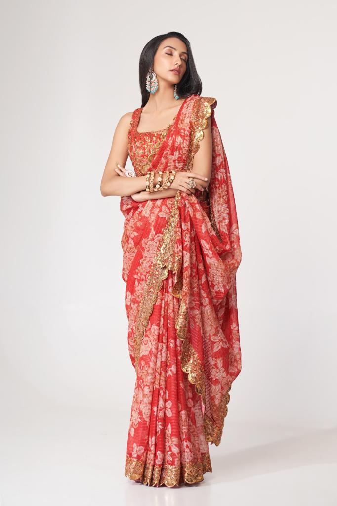 Red Organza Sequins Work Saree