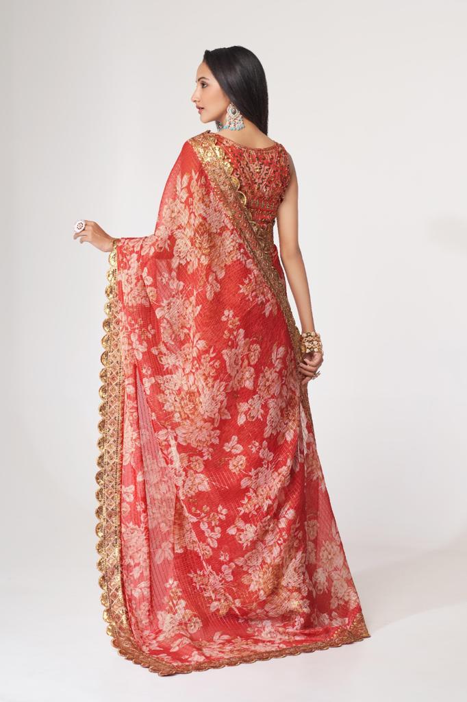 Red Organza Sequins Work Saree