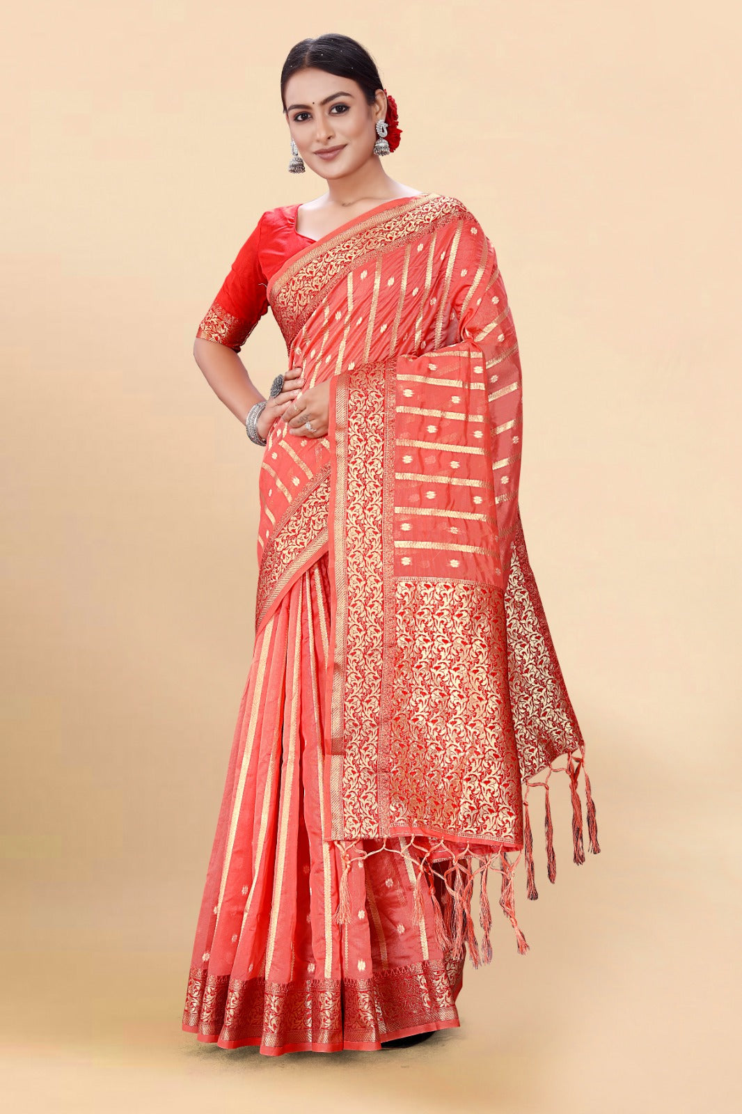 Red Organza Silk Saree With Blouse