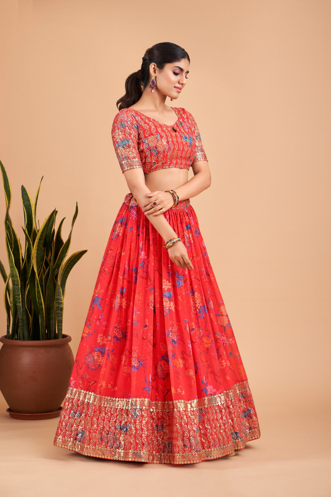 Red Floral Organza Lehenga (Semi-Stitched)