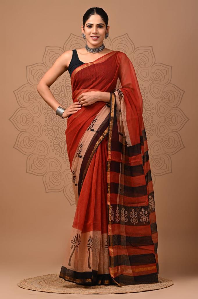 Red And Black Block Print Kota Doria Saree