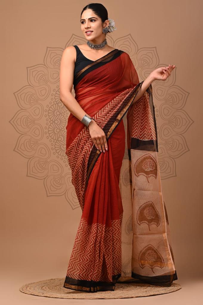 Red And Black Block Print Kota Doria Saree