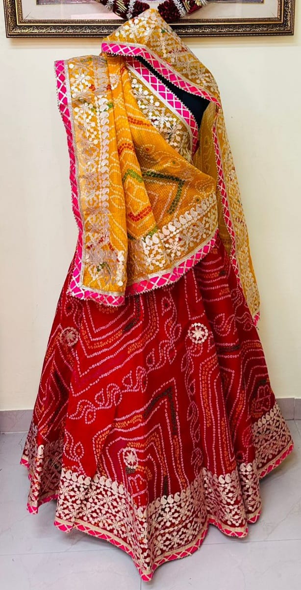 Red Gota Patti Lehenga Bandhani Lehenga With Choli And Dupatta