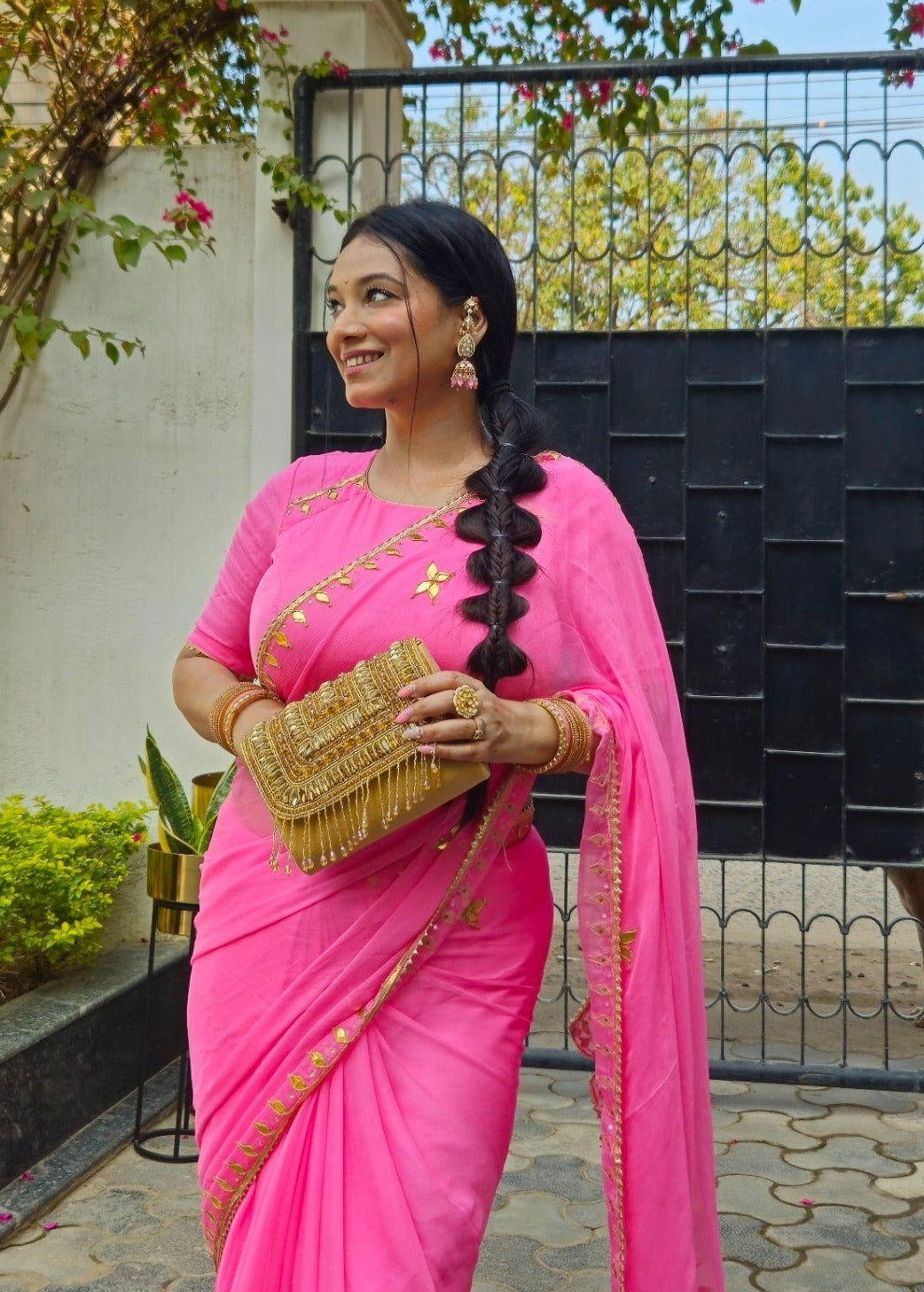 Chiffon Gota Patti Saree In Light Pink