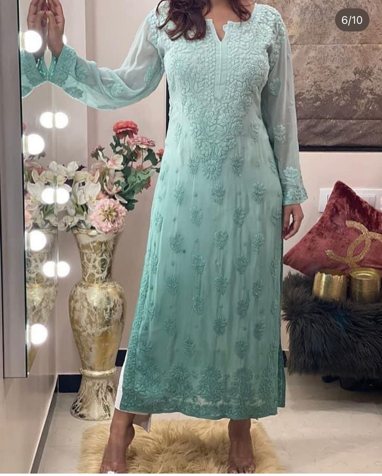 3D Work Chikankari Kurti in Sea Green