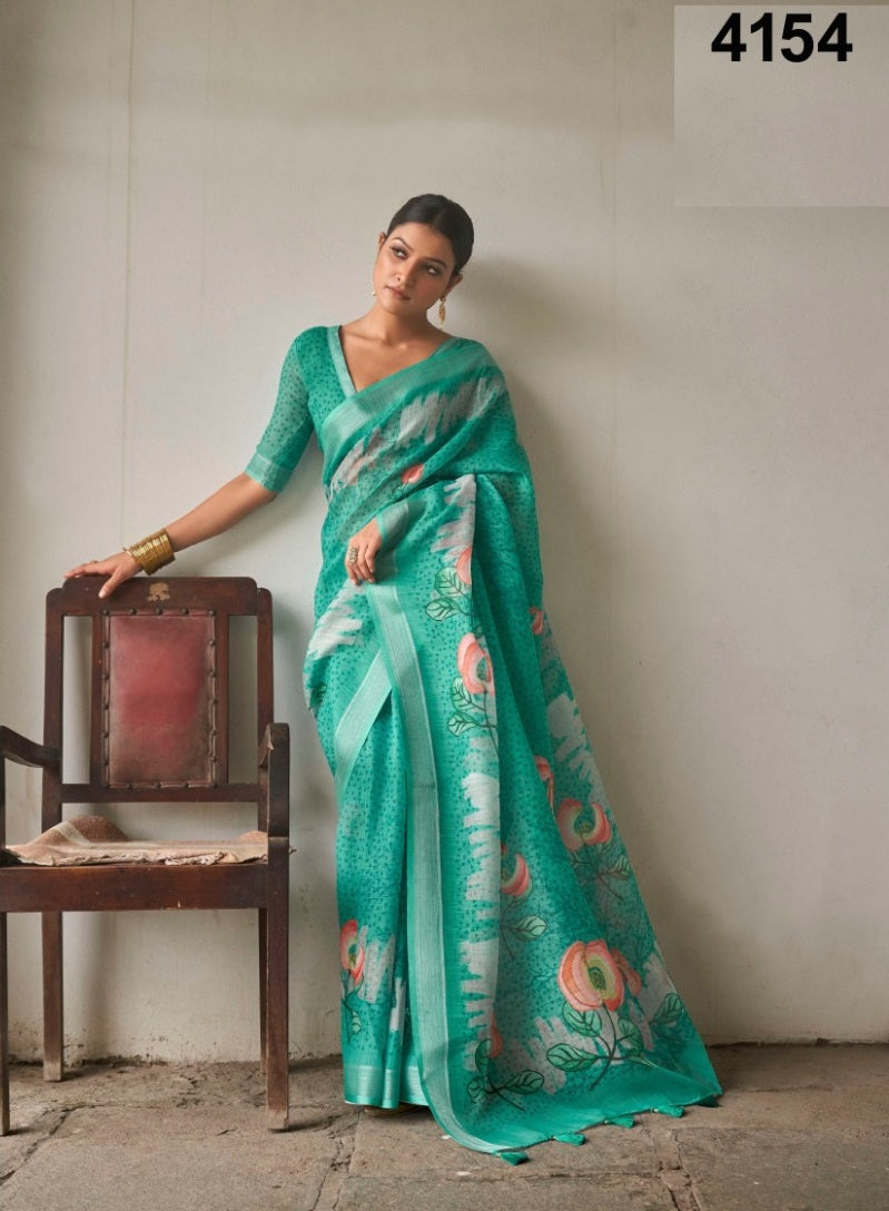 Linen Cotton Saree In Sea Green