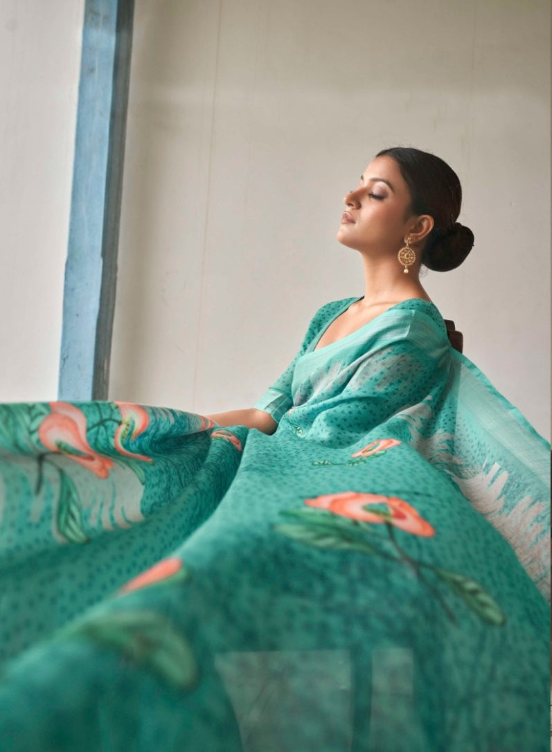 Linen Cotton Saree In Sea Green