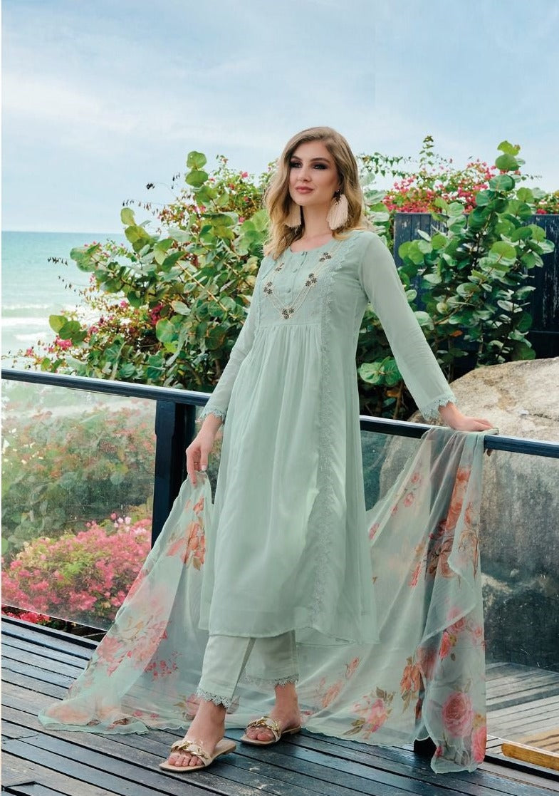 Trending Organza Suits In Sea Green(Readymade)