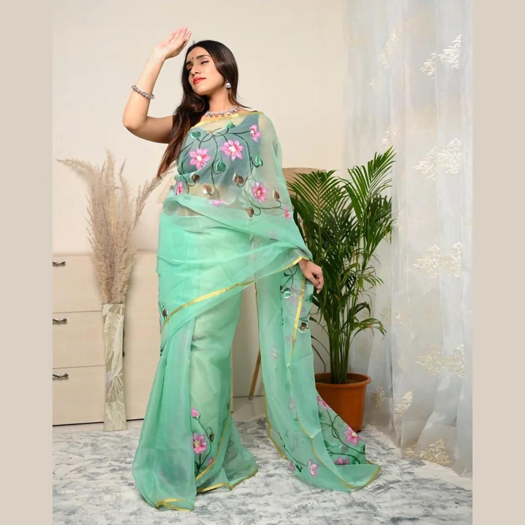 Sea Green Yellow Organza Hand Painted Saree