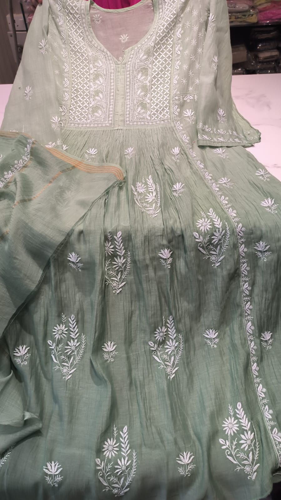 "Noor" Grey Chanderi Chikankari Semi Stitched Salwar Suit