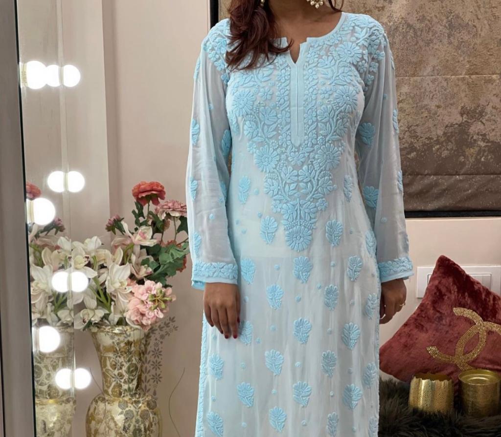 3D Work Chikankari Kurti in Sky Blue