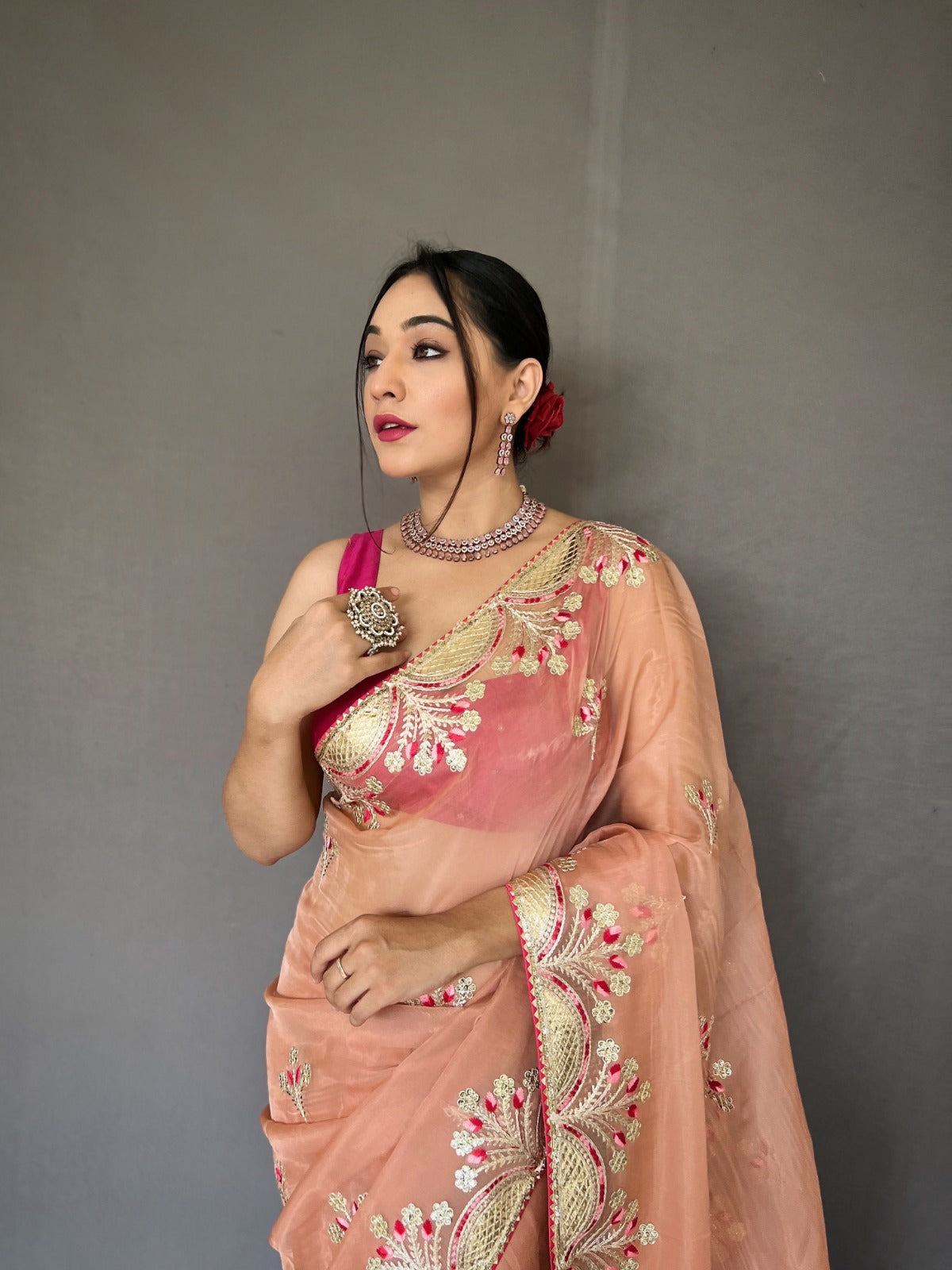Peach Organza Soft Silk Saree