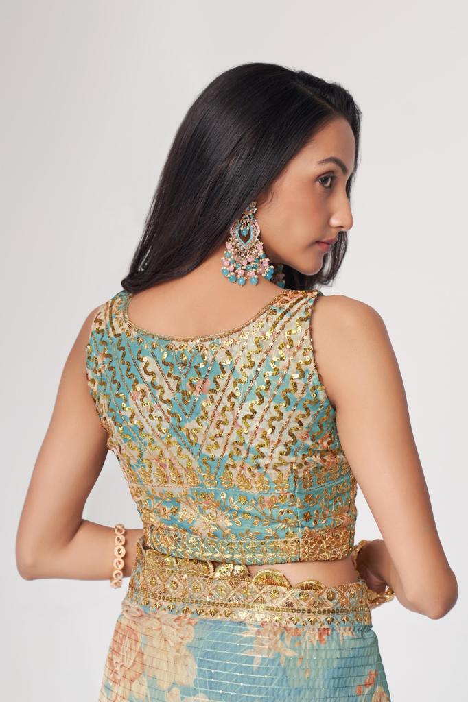 Teal Blue Organza Sequins Work Saree
