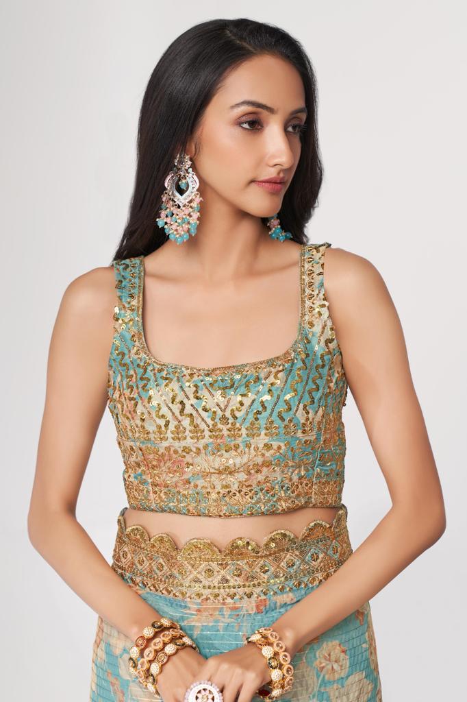 Teal Blue Organza Sequins Work Saree