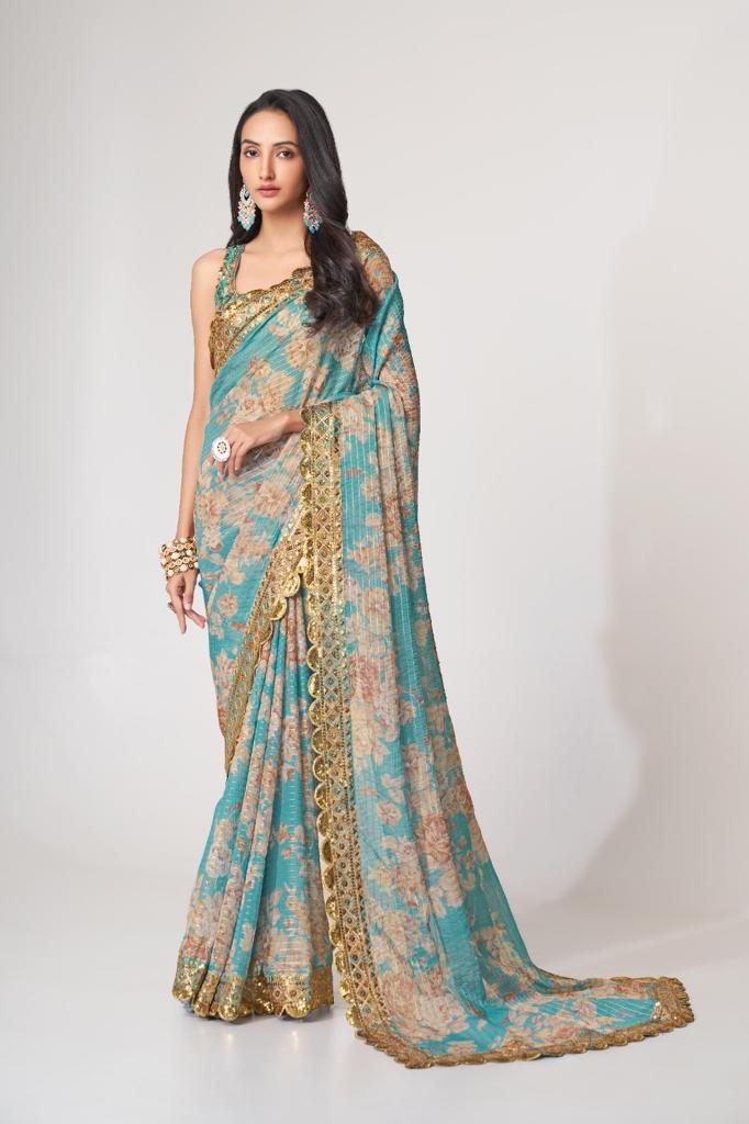 Teal Blue Organza Sequins Work Saree