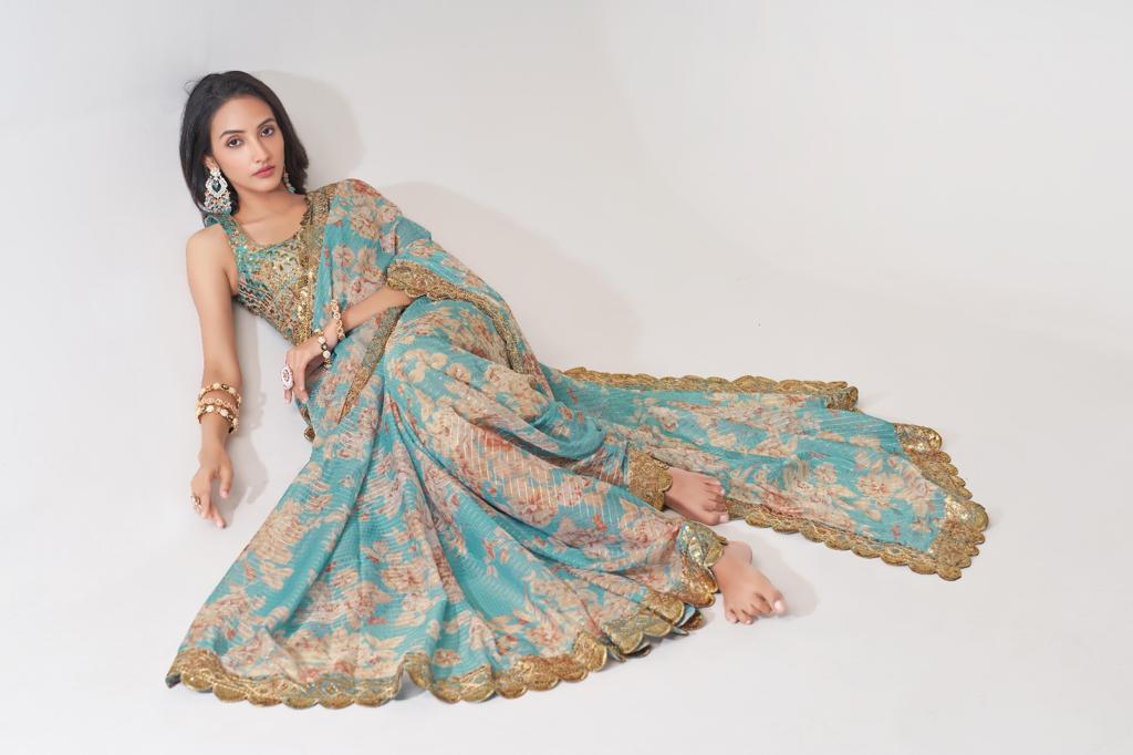 Teal Blue Organza Sequins Work Saree