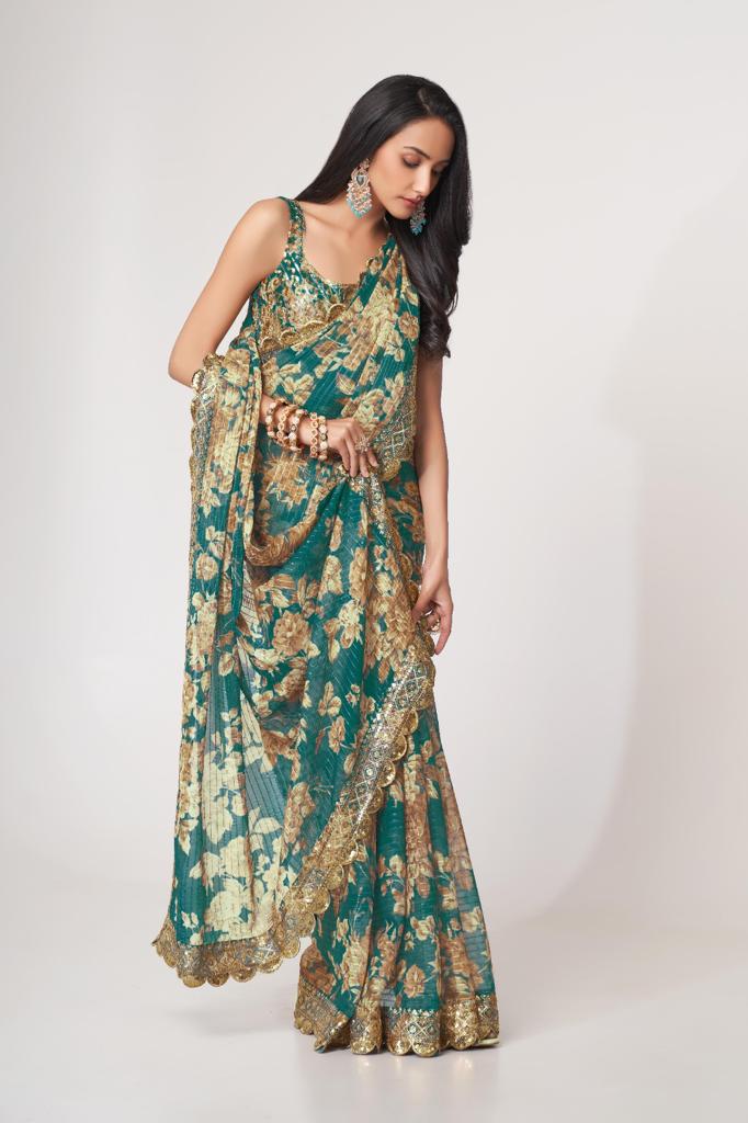 Teal Green Organza Sequins Work Saree