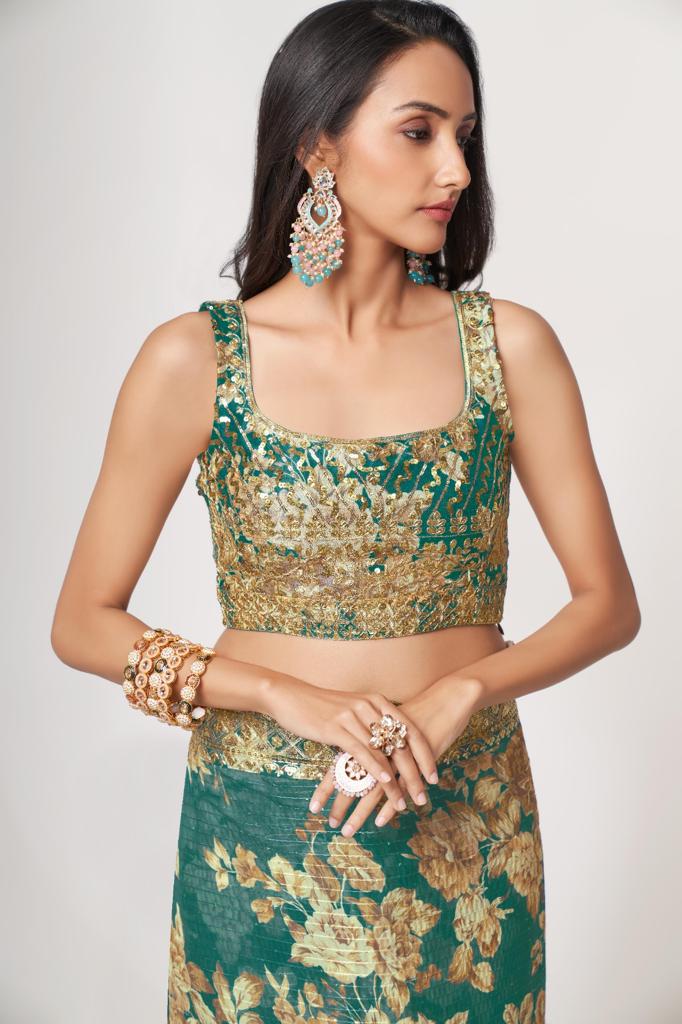 Teal Green Organza Sequins Work Saree