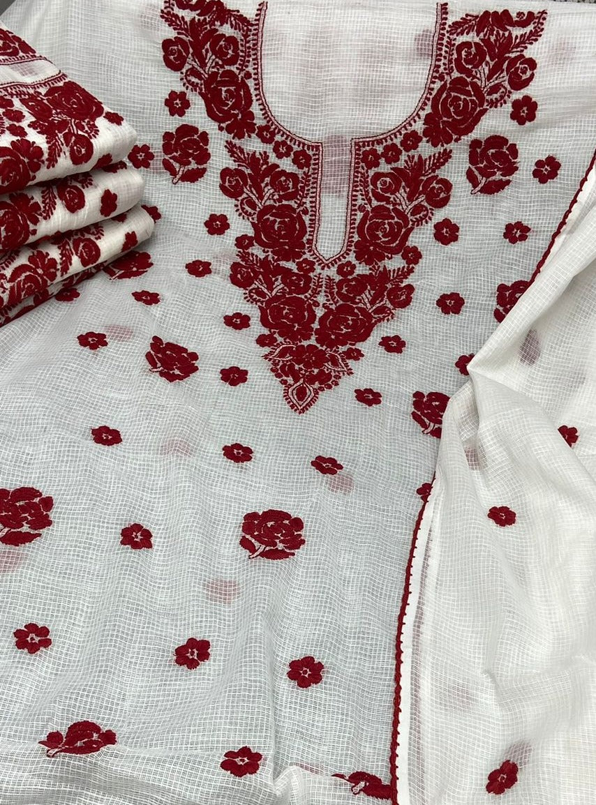 White And Red Chikankari Suit Material