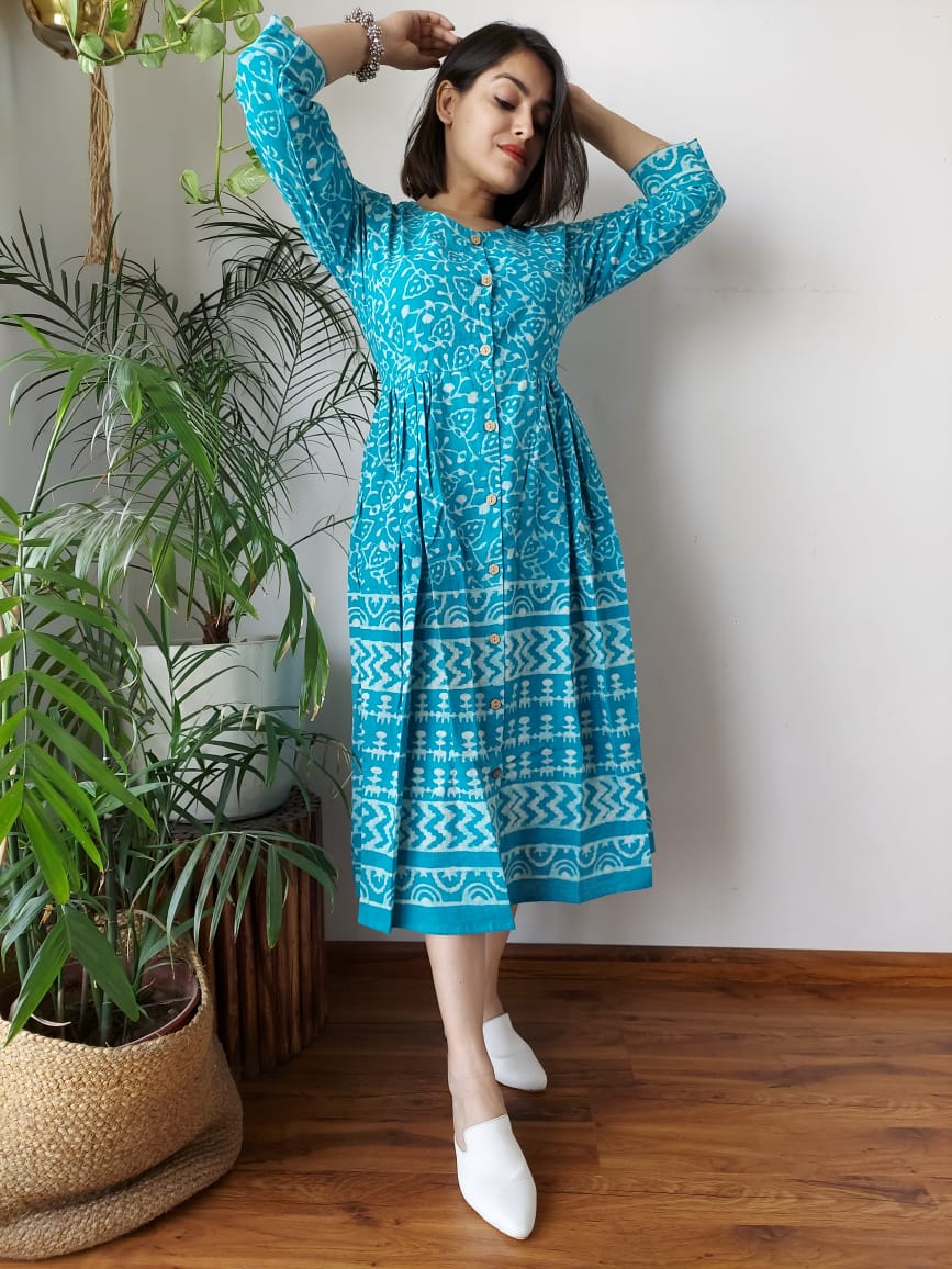 Shop Aqua blue Bagru print cotton summer dress Online
