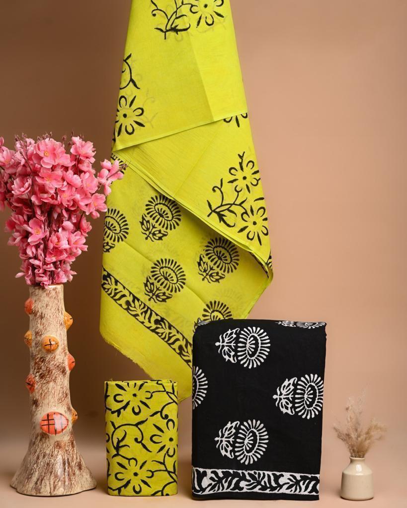 Black and Green Cotton Suit Unstitched set