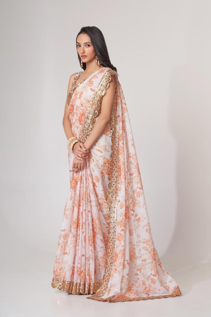 White Organza Sequins Work Saree