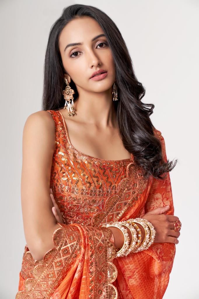 Orange Organza Sequins Work Saree