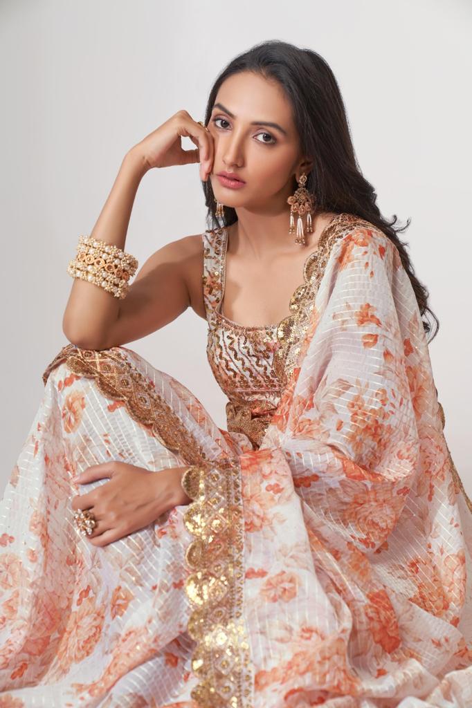 White Organza Sequins Work Saree